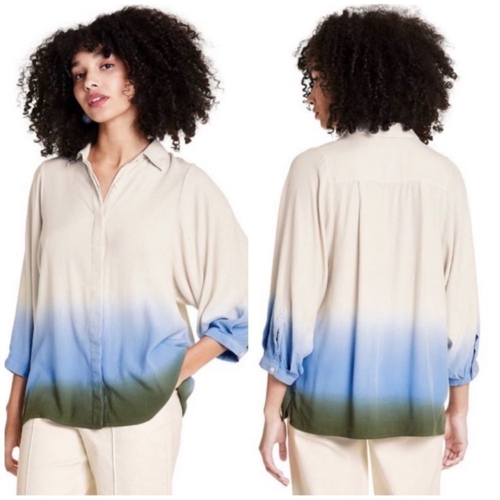 Rachel Comey X Target Green Blue Dip-Dye Long Sleeve Button-Down Blouse Medium